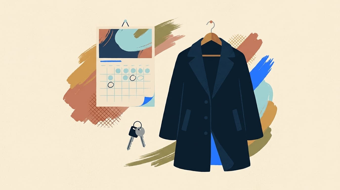 A wall calendar with a few days marked, next to a coat hook and car keys