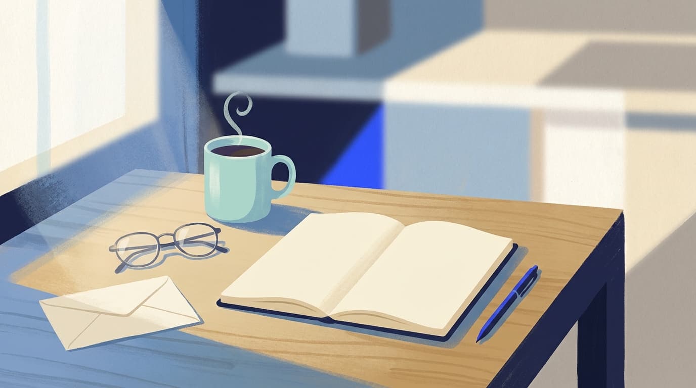 A notebook, reading glasses and a mug on a kitchen table beside a folded hospital letter