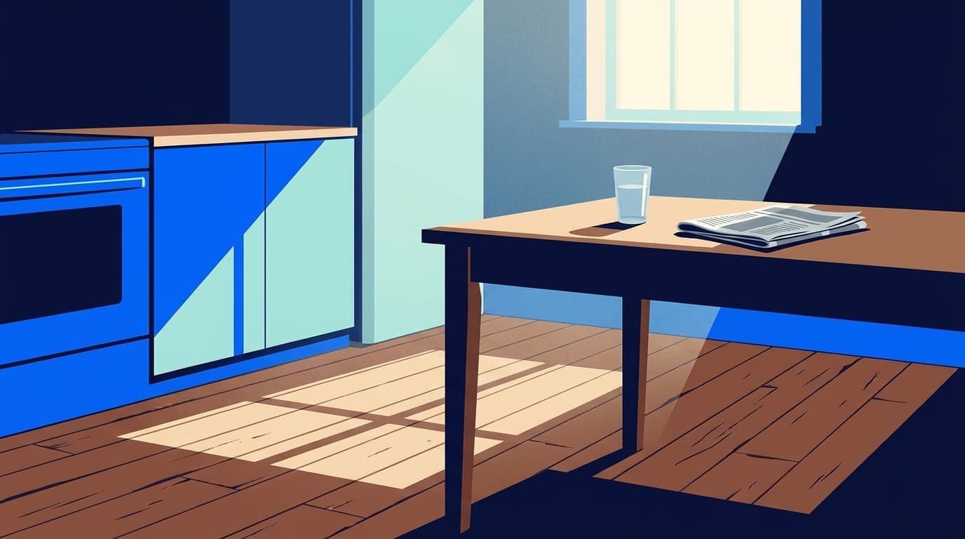 A quiet morning kitchen with a glass of water on a wooden table and soft daylight through a window.