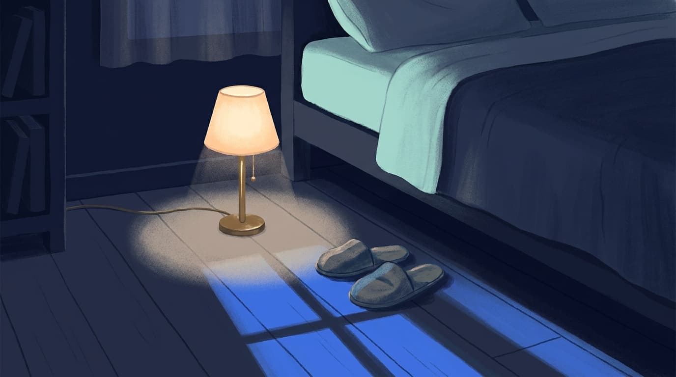 A bedside lamp casting low light on a wooden floor beside a bed