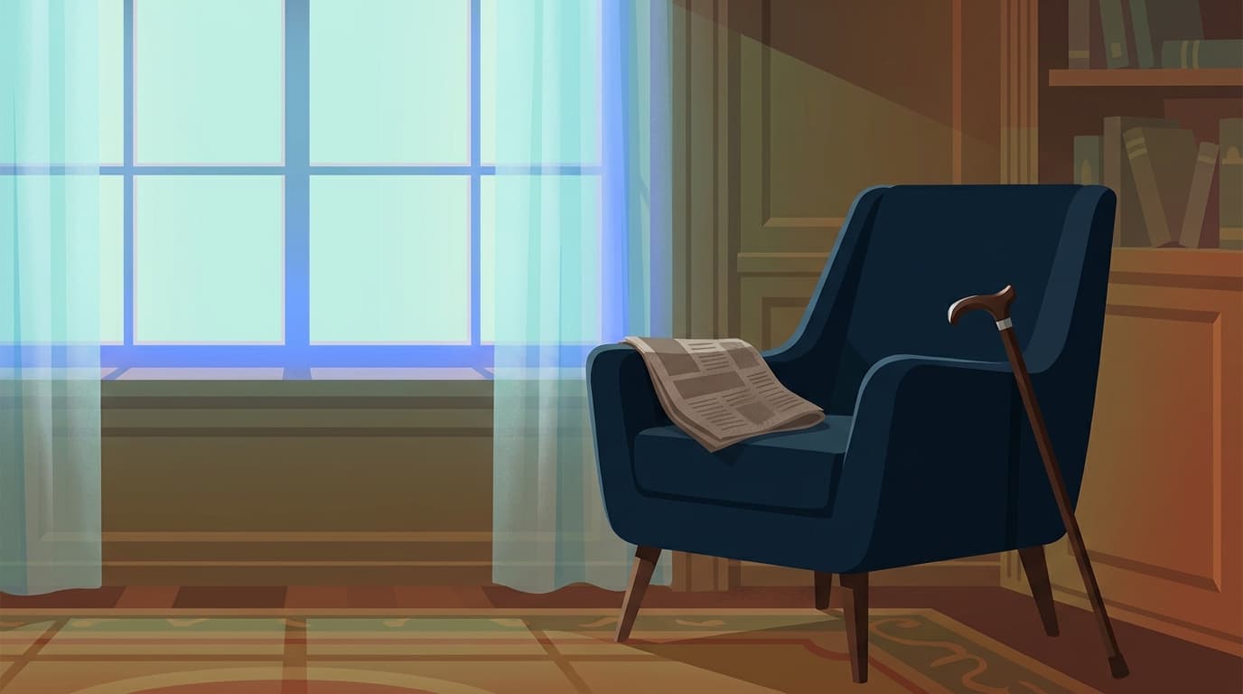 A firm armchair beside a window in morning light, with a walking stick resting against the arm
