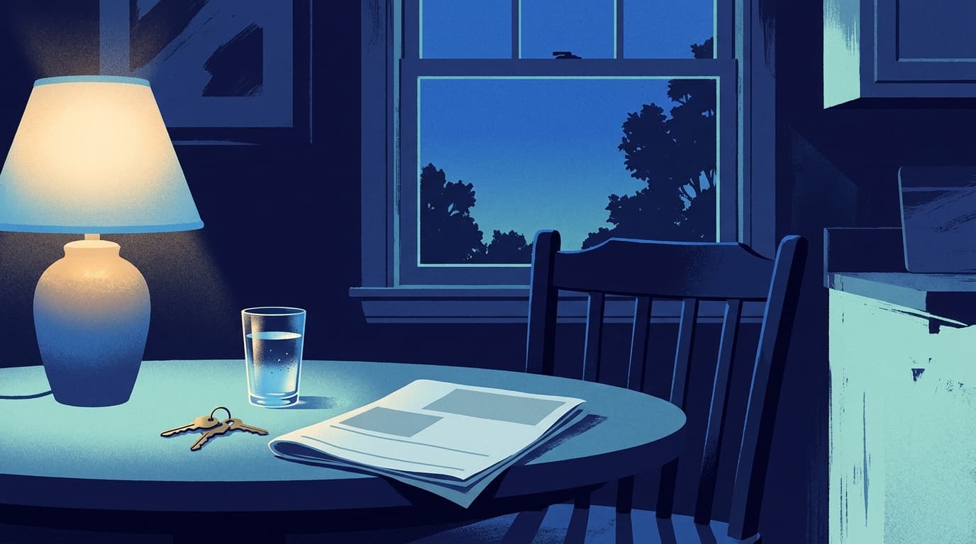 A quiet kitchen table at dusk with a glass of water, a set of keys and a folded newspaper.
