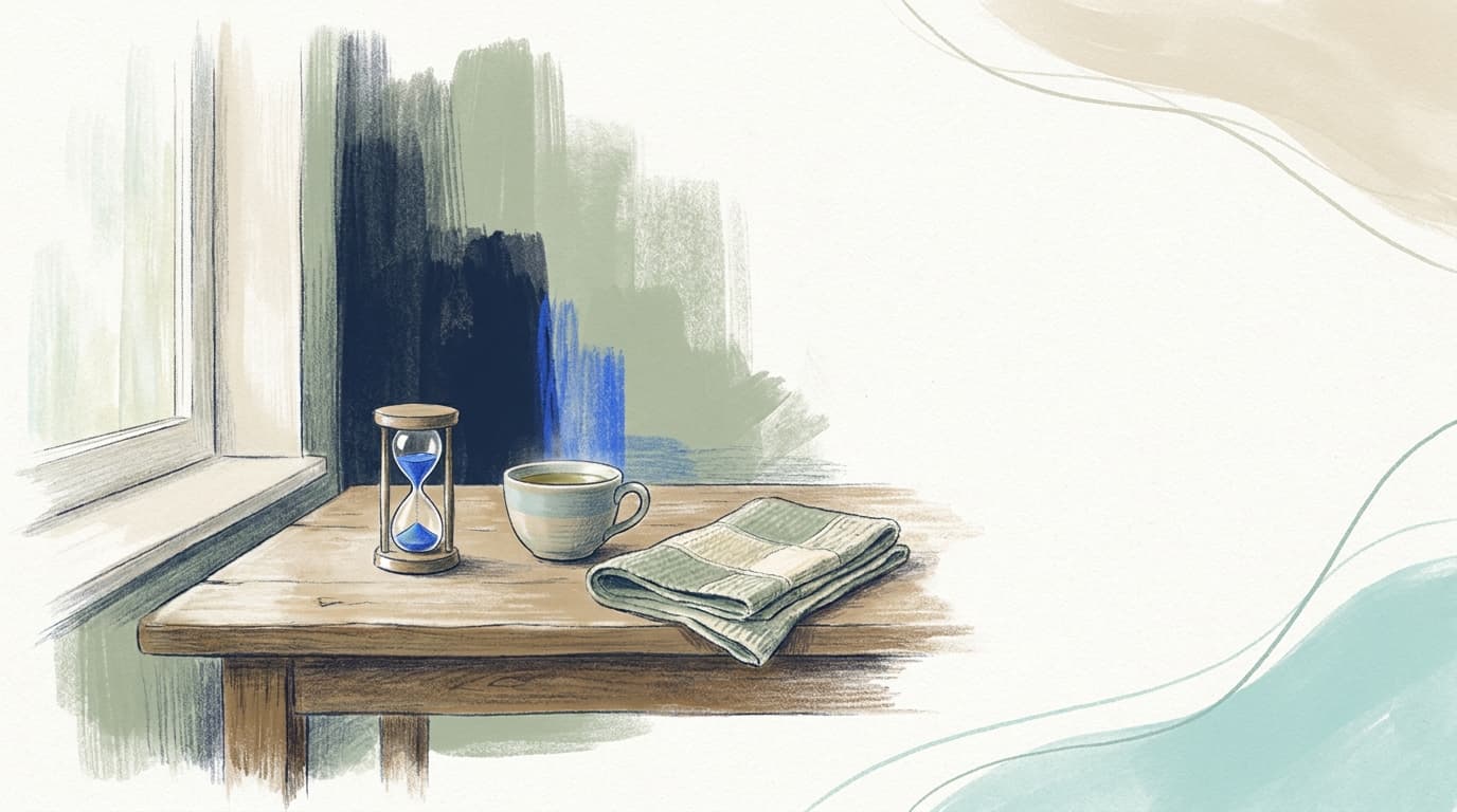 Illustration d'un sablier posé près d'une tasse sur une table en bois, lumière douce