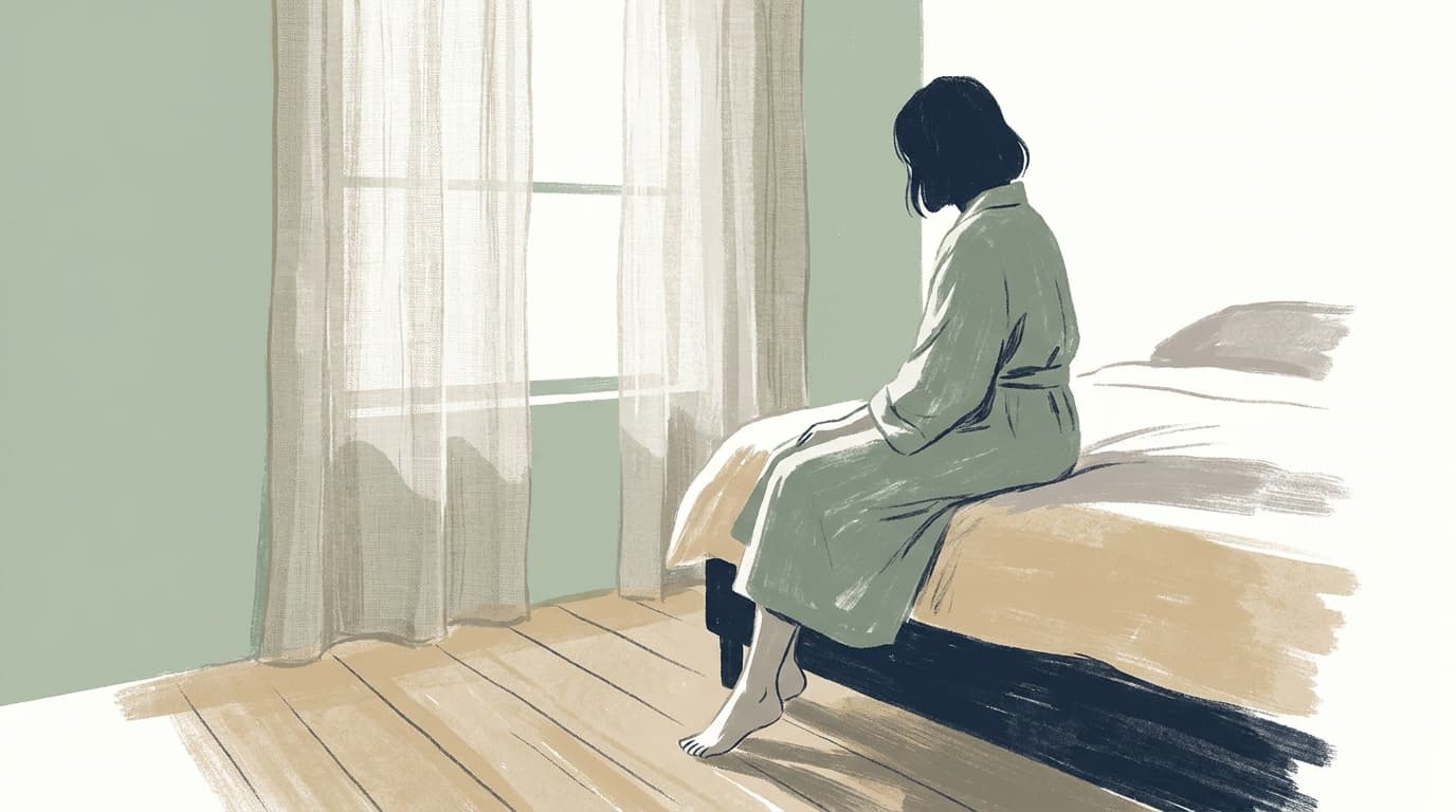 Illustration apaisée d'une femme assise au bord d'un lit, pieds posés au sol, dans une lumière douce du matin