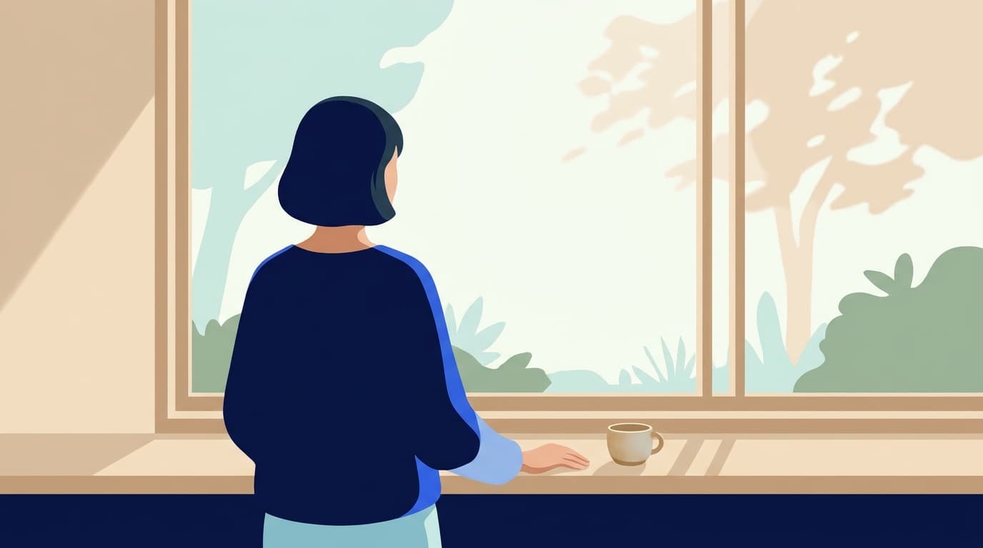 Ruhige Illustration: eine Frau steht am Küchenfenster, eine Hand am Tresen, Morgenlicht