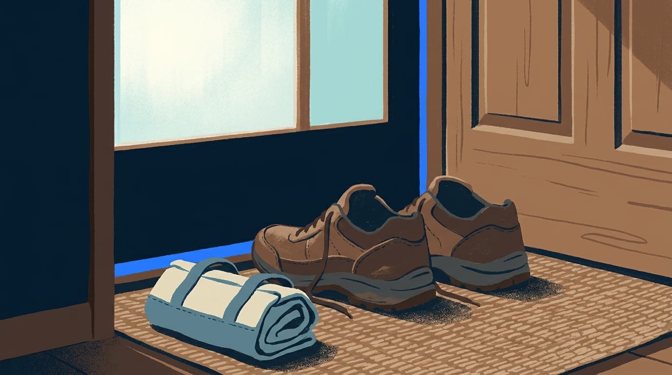 Chaussures de marche posées près d'une porte d'entrée, sac prêt, lumière douce
