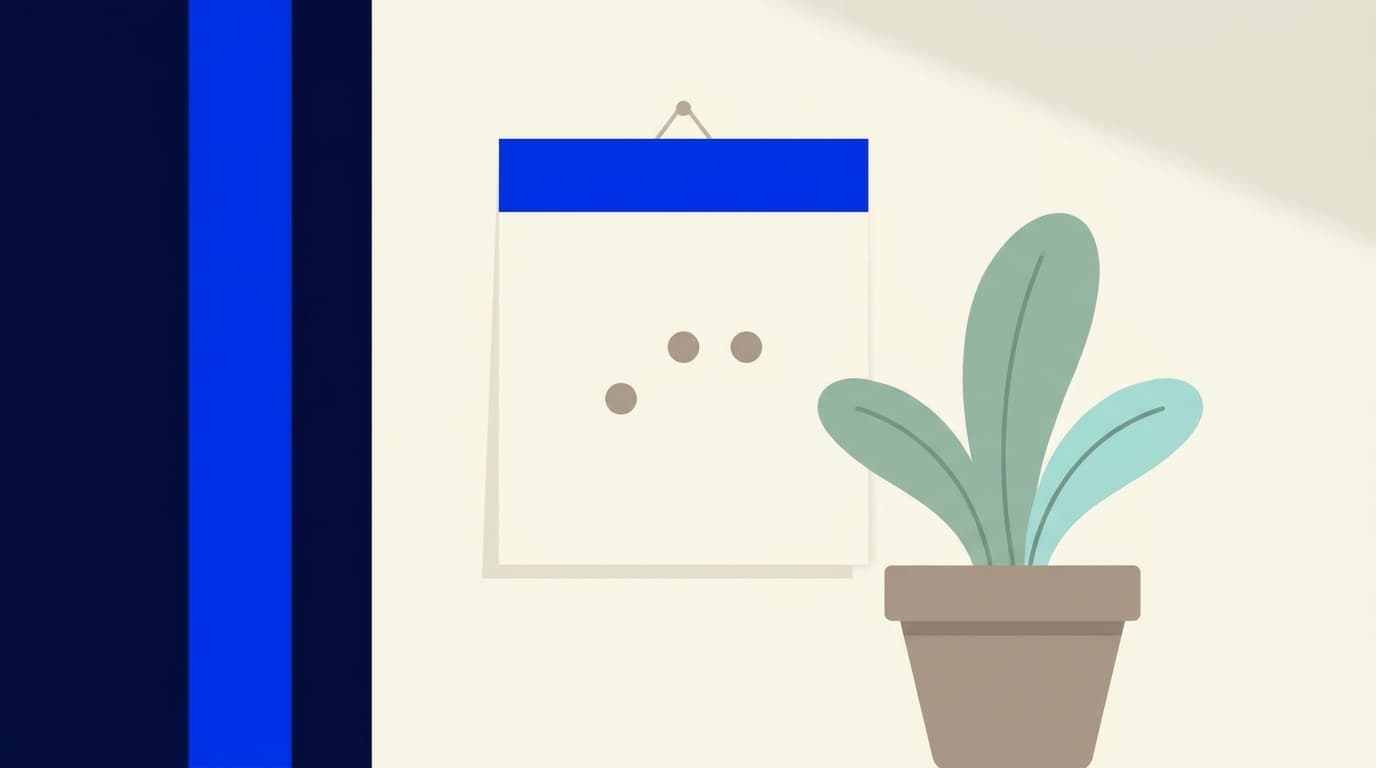 Calendrier mural simple avec quelques jours marqués, posé à côté d'une plante verte