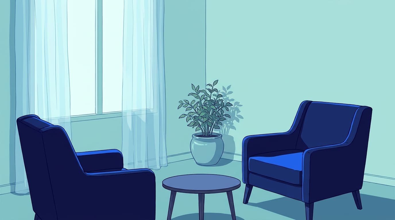 Zwei leere Stühle an einem Tisch in einem hellen, ruhigen Sprechzimmer