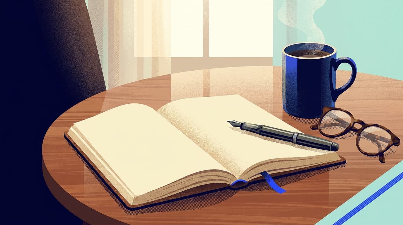 Ein Notizbuch, ein Stift und eine Lesebrille auf einem Tisch, ruhiges Morgenlicht