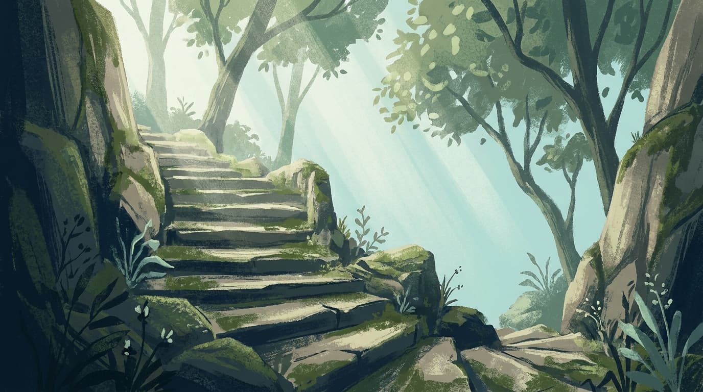 A single stone step worn unevenly by use, lit by soft morning light