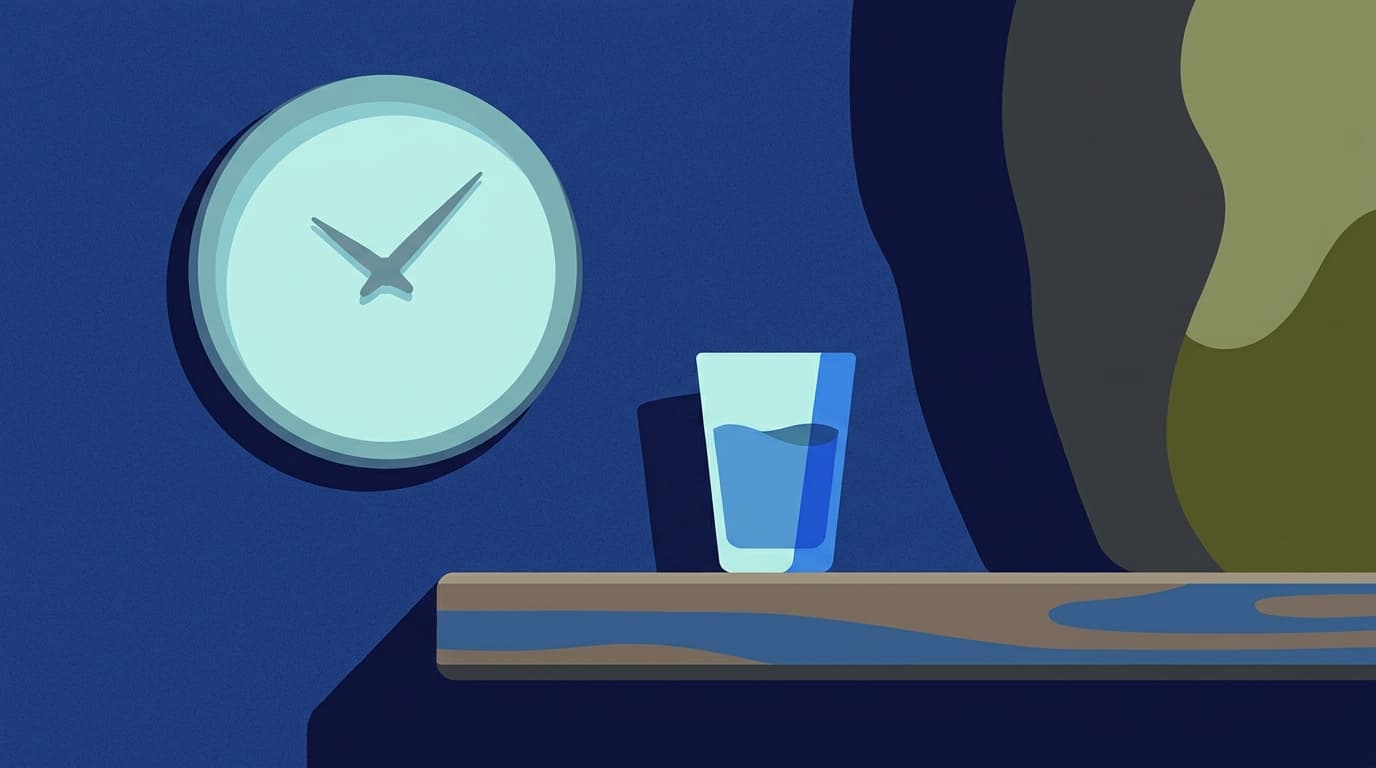 A simple kitchen clock on a wall beside a glass of water, suggesting unhurried timing