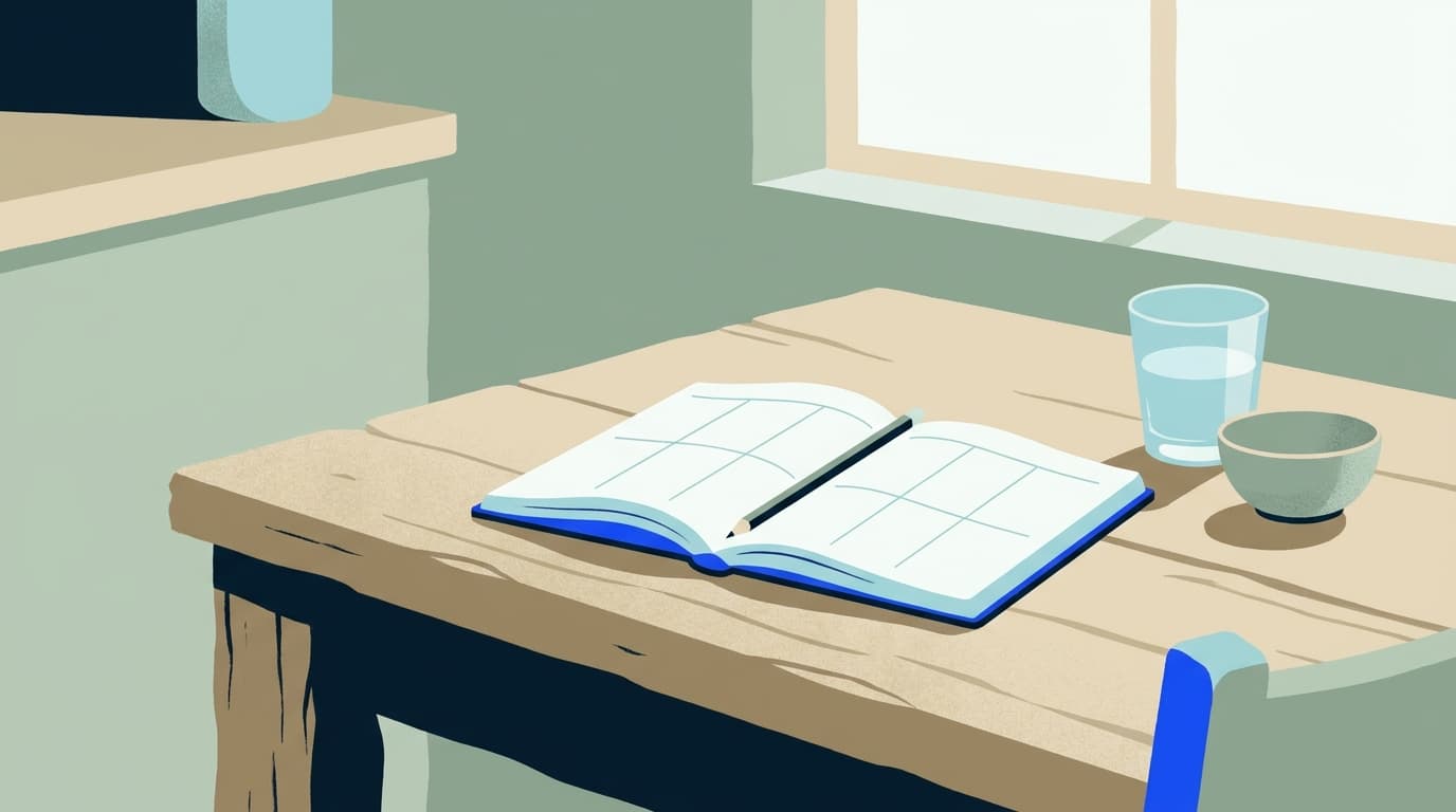 Offenes Notizbuch mit Kalenderseite und ein Stift auf einem Küchentisch