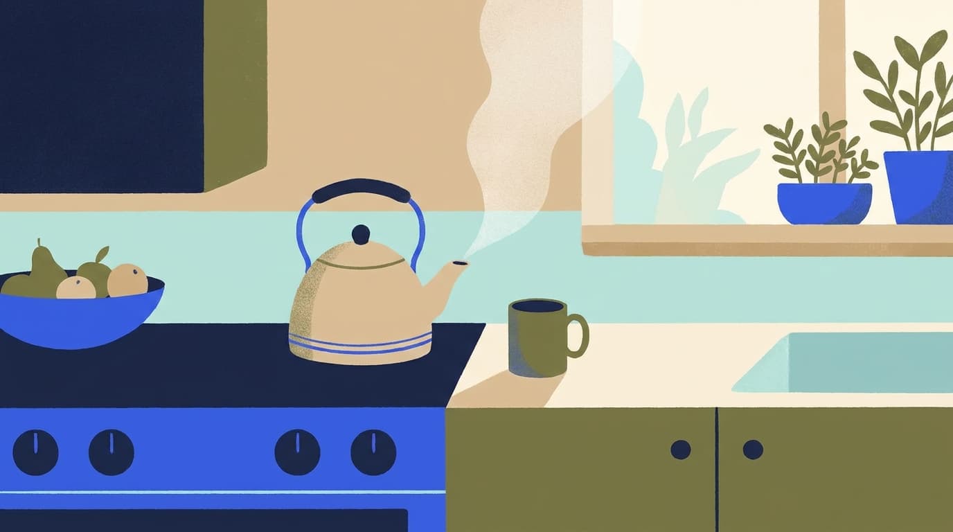 Eine ruhige Küche am Morgen, Wasserkocher und Tasse auf der Arbeitsplatte, weiches Tageslicht