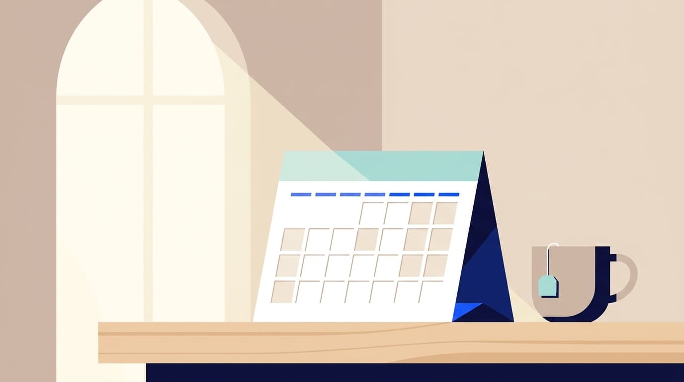 Ein ruhiger Kalender auf einem Holztisch neben einer Tasse Tee am Morgenfenster