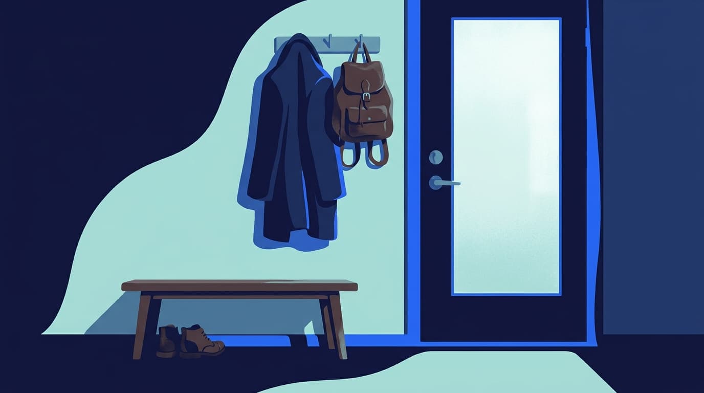 Jacke und Rucksack an der Garderobe neben der Haustür, Schuhe auf einer Bank