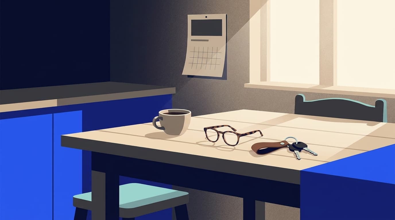 Ein Küchentisch am Morgen mit Kalender, Brille und Kaffeetasse, ruhiges Licht