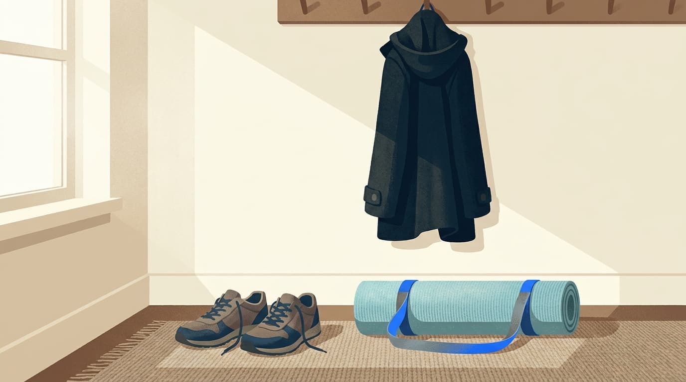 Ein Paar Turnschuhe neben einer zusammengerollten Matte im Flur