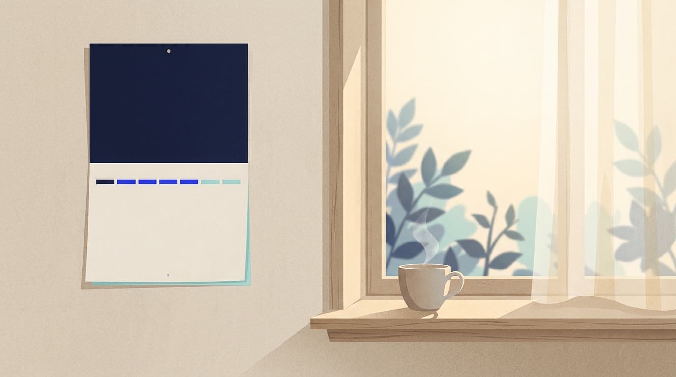 Ein Kalender auf einem Fensterbrett, daneben eine Tasse Tee im Morgenlicht
