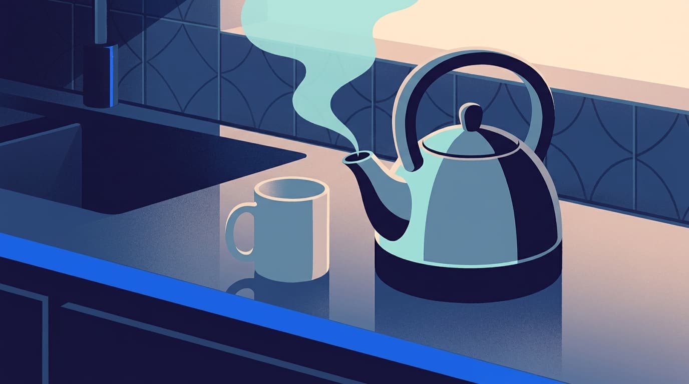 Wasserkocher und Tasse auf einer Arbeitsfläche, während im Hintergrund das Wasser heiß wird