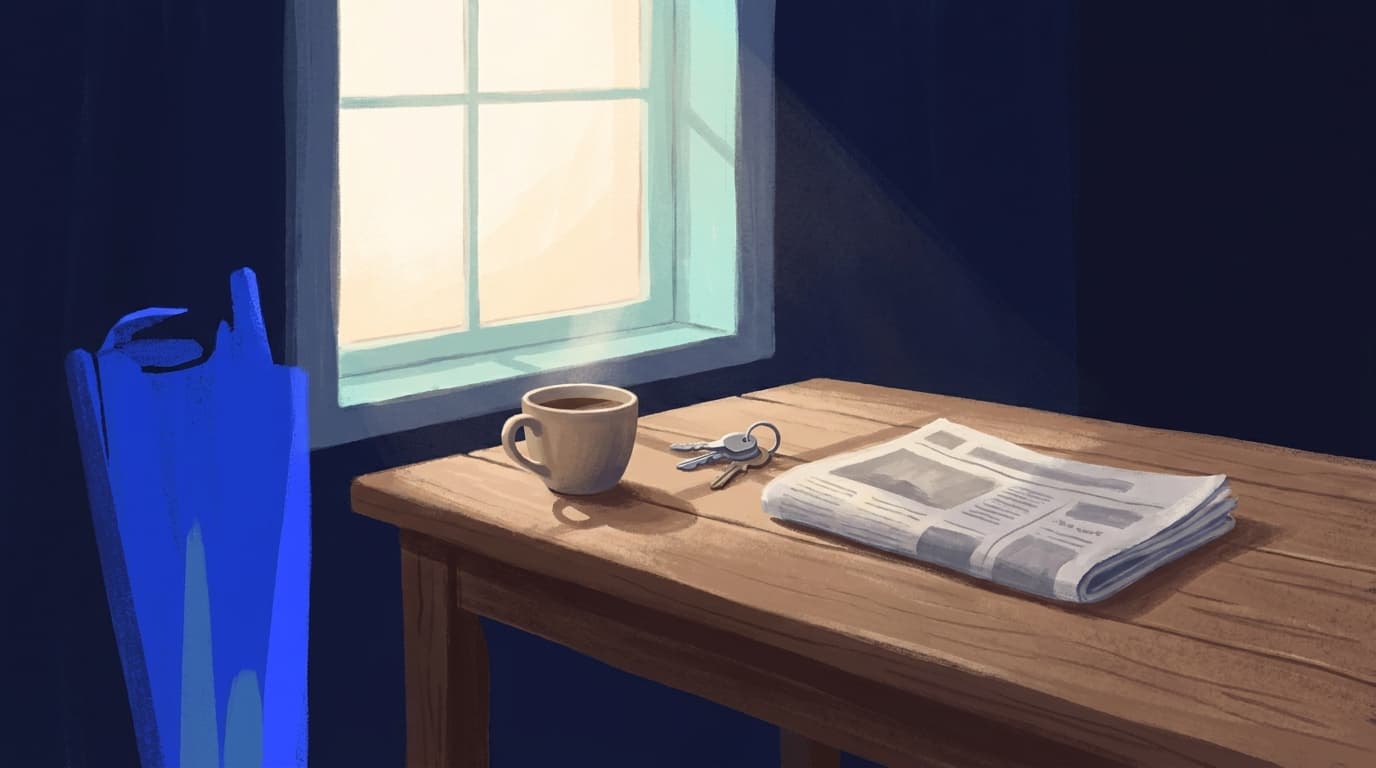 Ein Küchentisch am Morgen mit Kaffeetasse und Autoschlüssel, ruhiges Licht durch das Fenster