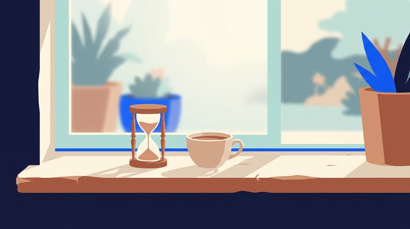 Sanduhr auf einem Fensterbrett, daneben eine Tasse Tee im Morgenlicht