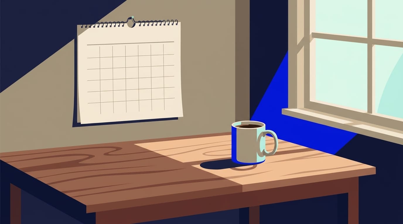 Ein Kalender auf einem Holztisch neben einer Tasse Kaffee, weiches Morgenlicht