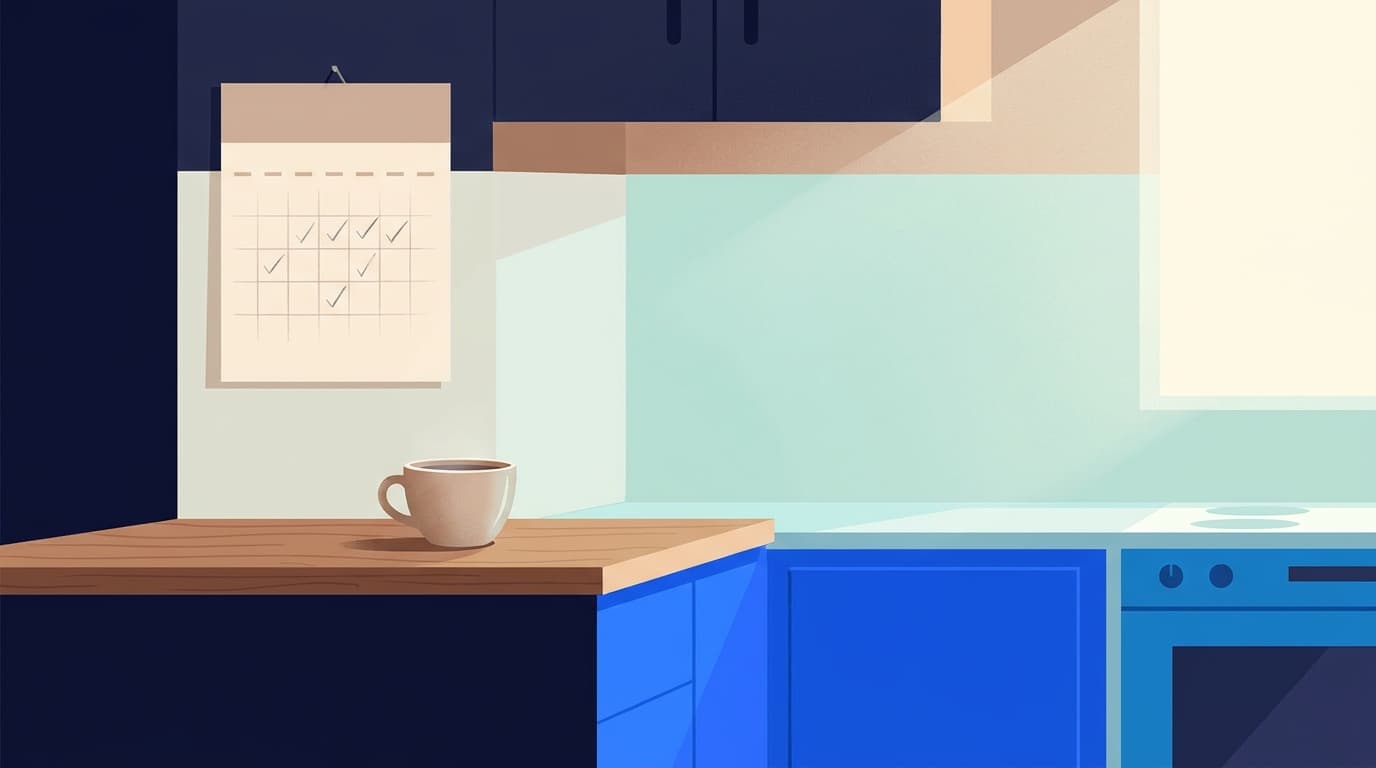 Ein Kalender an der Küchenwand mit kleinen Markierungen, daneben eine Kaffeetasse auf der Arbeitsplatte