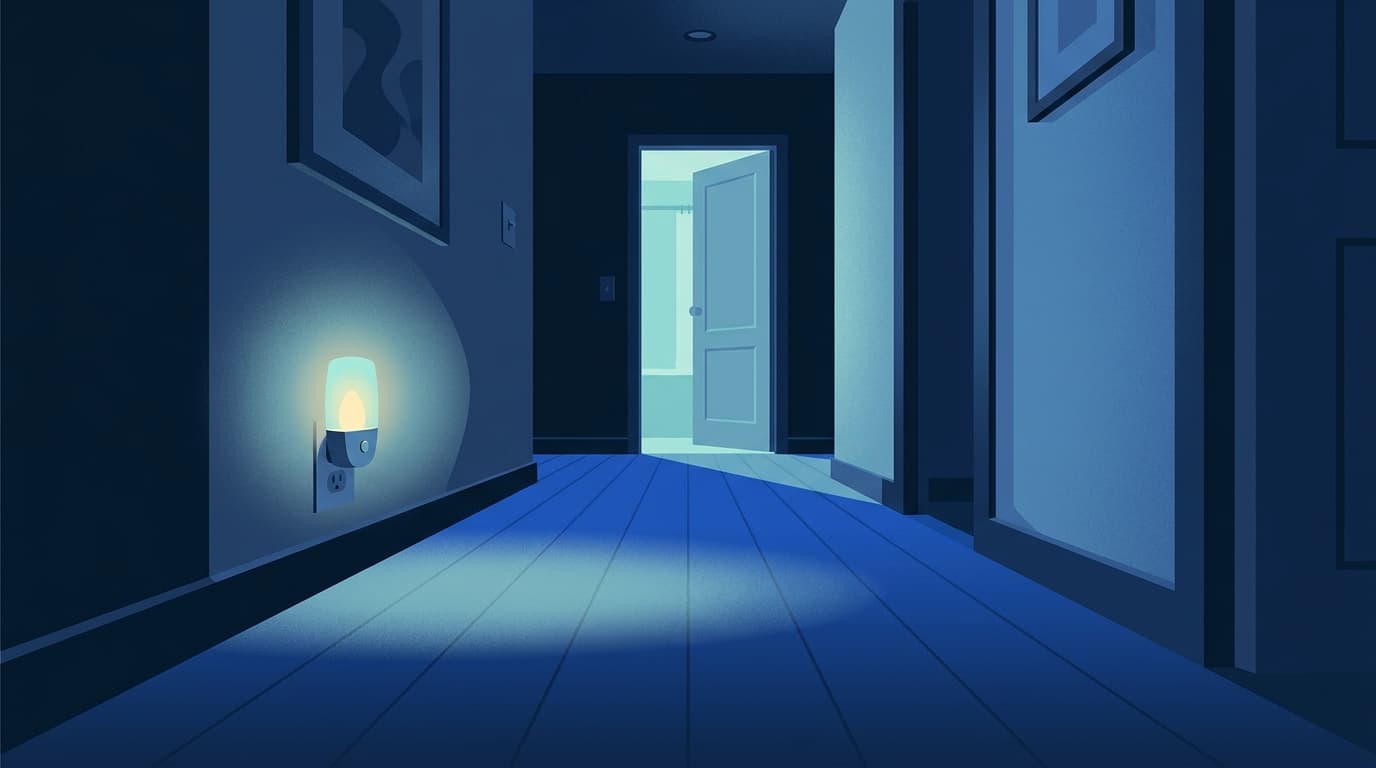 A low nightlight near the skirting board lighting a clear hallway floor towards an open bathroom door