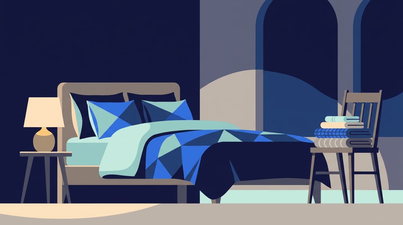 A neatly made bed in a dim bedroom, with a soft lamp glowing on the side table and folded linen on a chair
