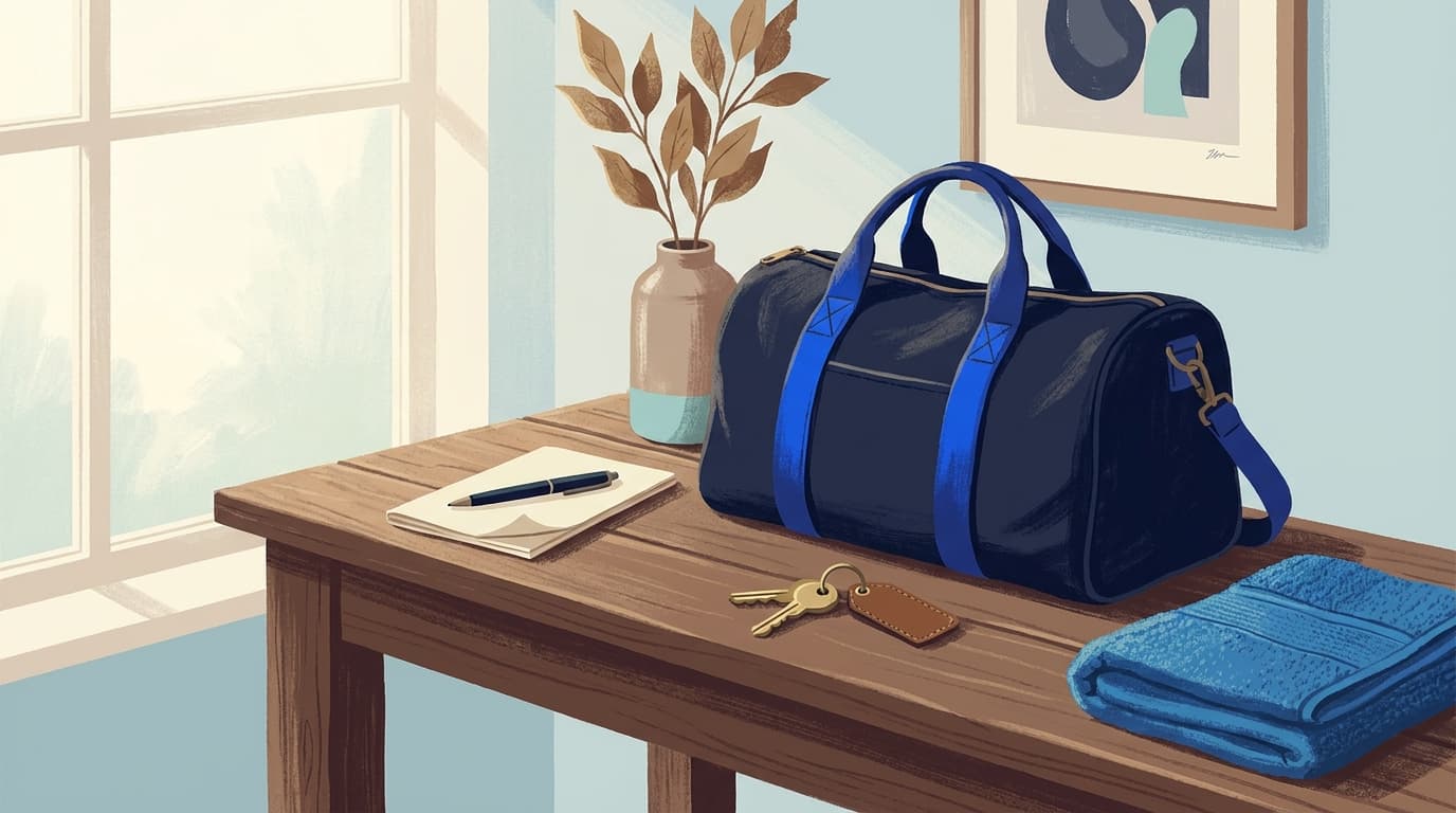 A packed overnight bag, a notepad and a set of house keys resting on a hallway table in soft morning light.
