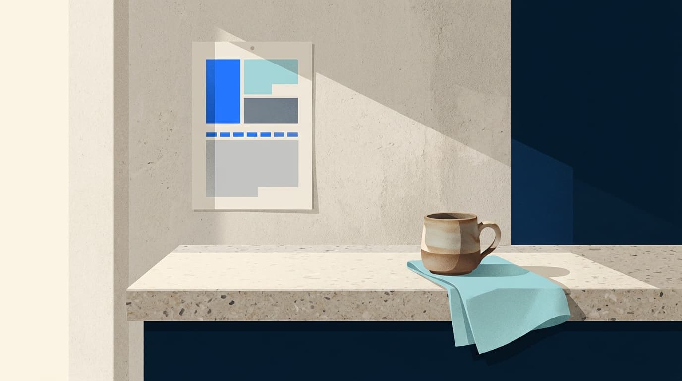 A quiet calendar on a kitchen wall beside a mug, morning light across the surface.
