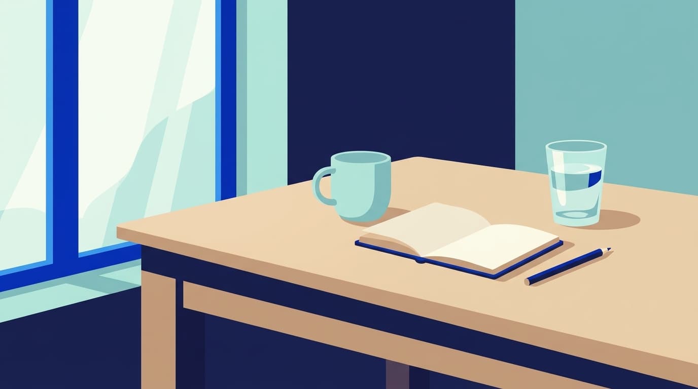 A kitchen table at morning light with a mug, a glass of water and a small notebook.