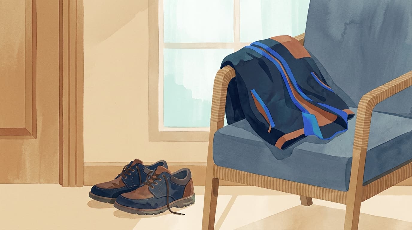 Schuhe an der Wohnungstür und eine zusammengelegte Jacke auf einem Stuhl im Tageslicht