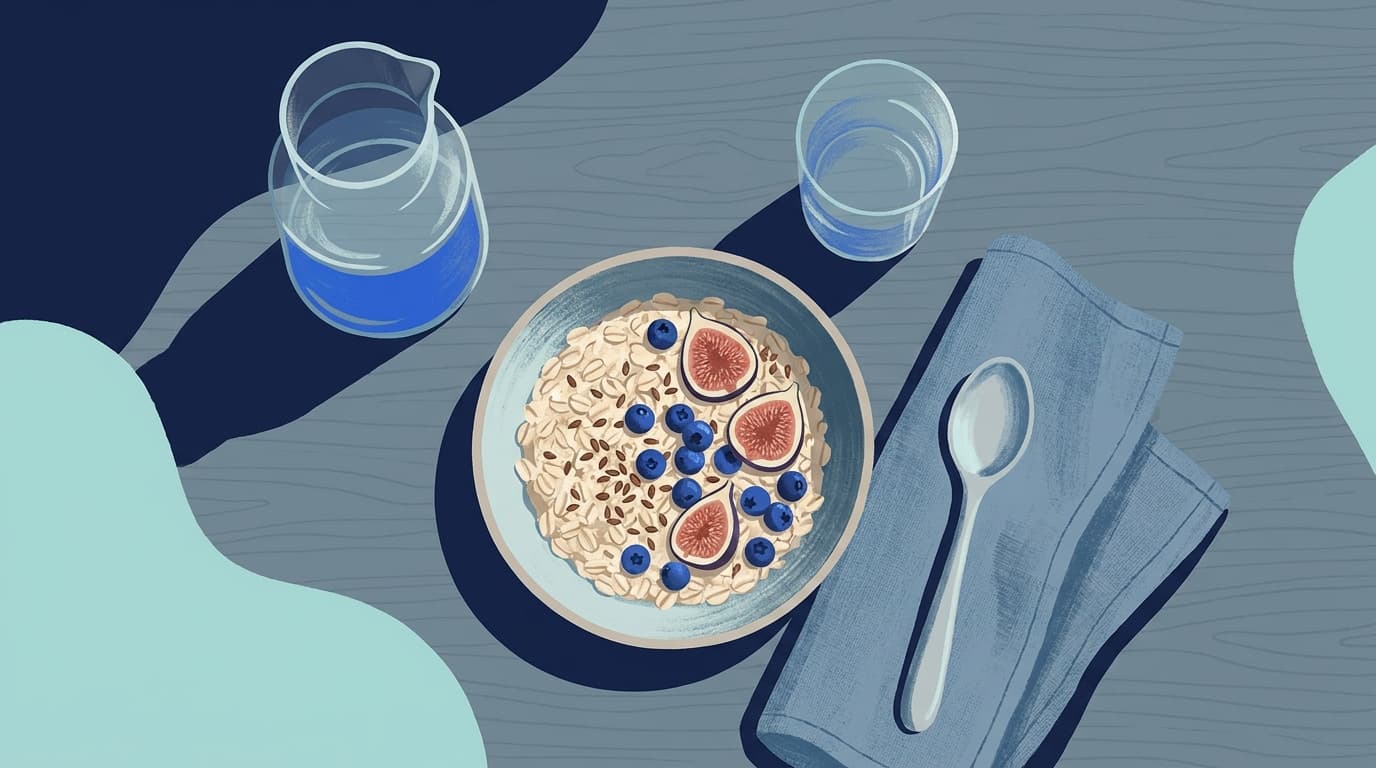Schale mit Haferflocken, Leinsamen und Obst neben einer Kanne Wasser auf einem Holztisch