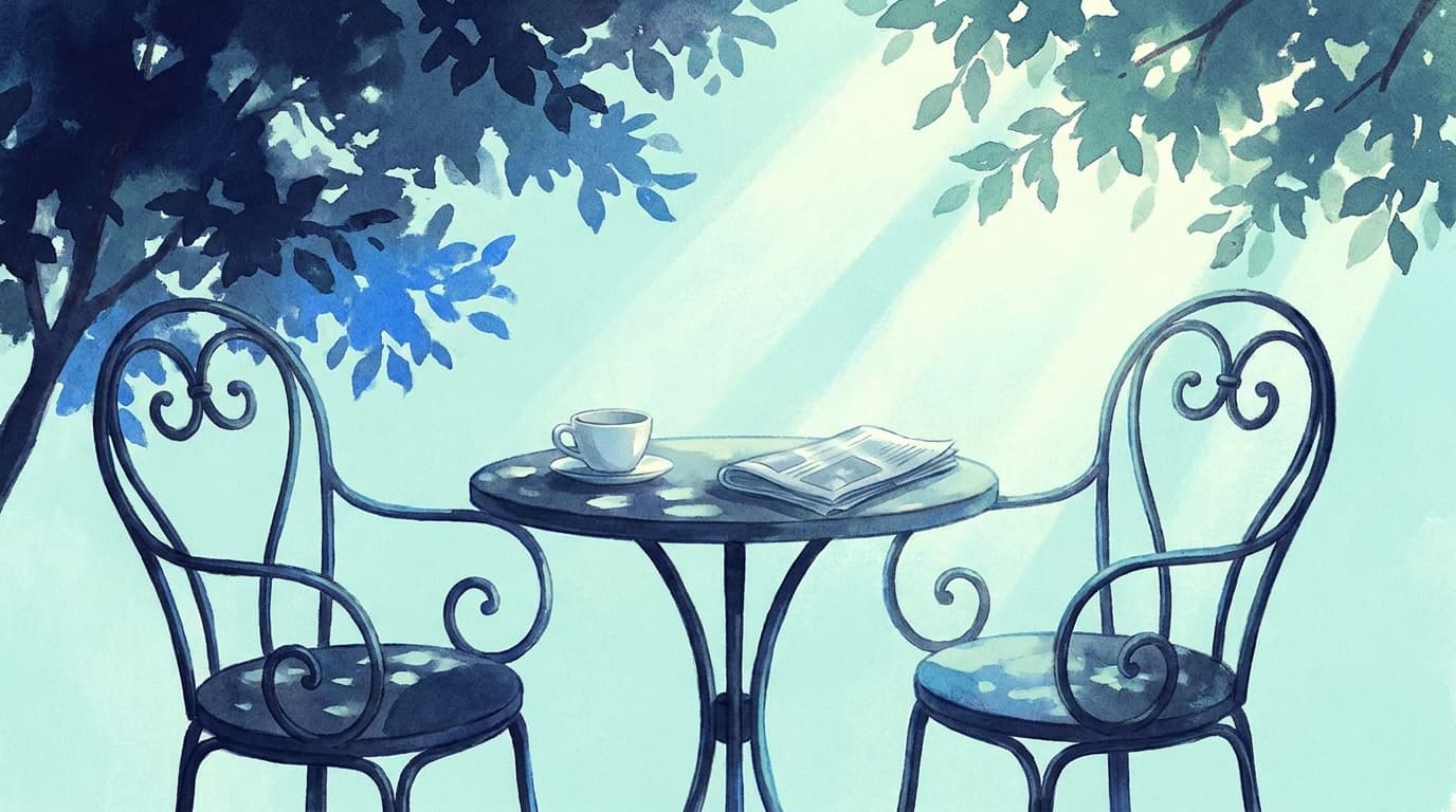 Two chairs at a café table outdoors, one pushed back slightly, with an empty cup and folded newspaper