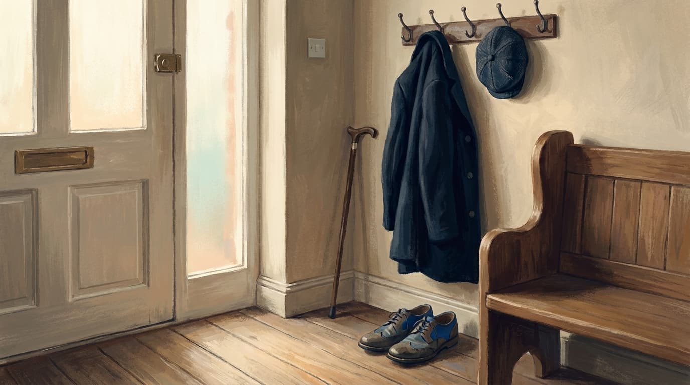 A man's coat and flat cap hanging by a front door, morning light across the hallway floor