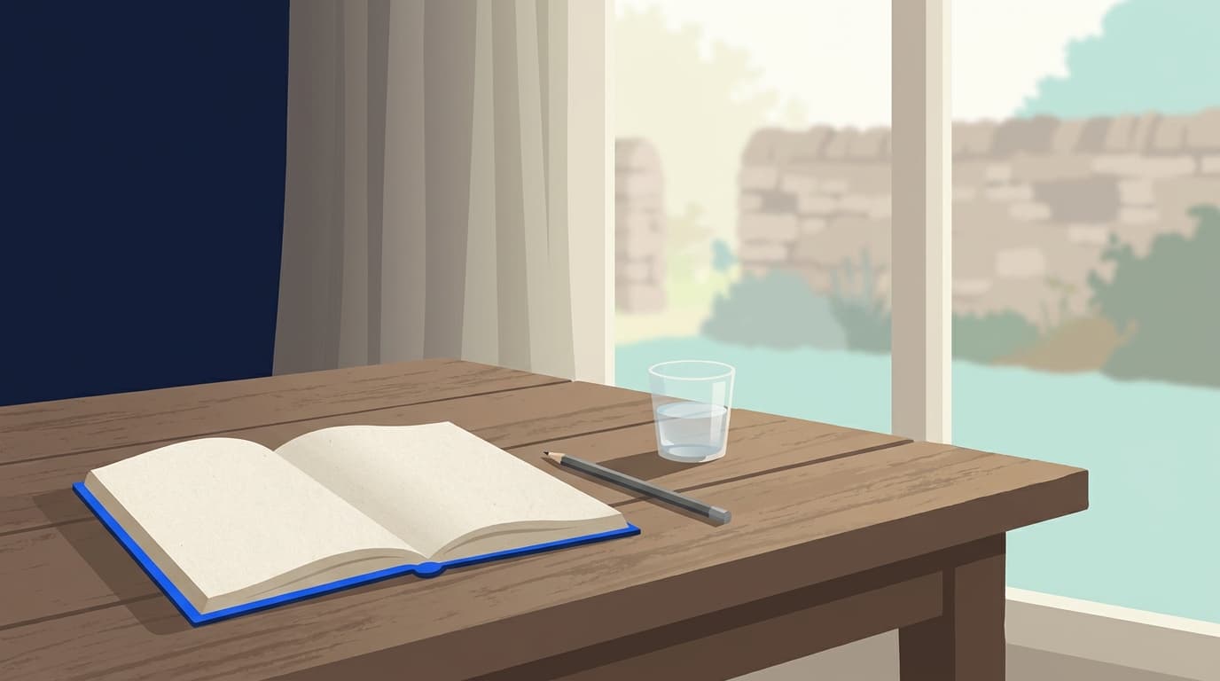Un carnet et un crayon posés près d'un verre d'eau, devant une fenêtre éclairée par la lumière du jour