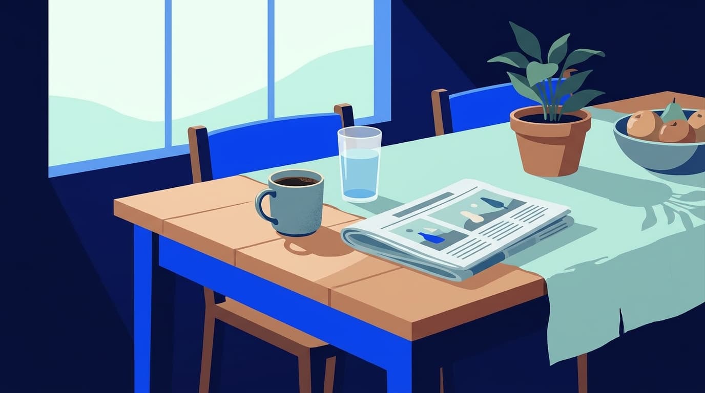 Une tasse de café et un verre d'eau posés côte à côte sur une table en bois, lumière douce du matin