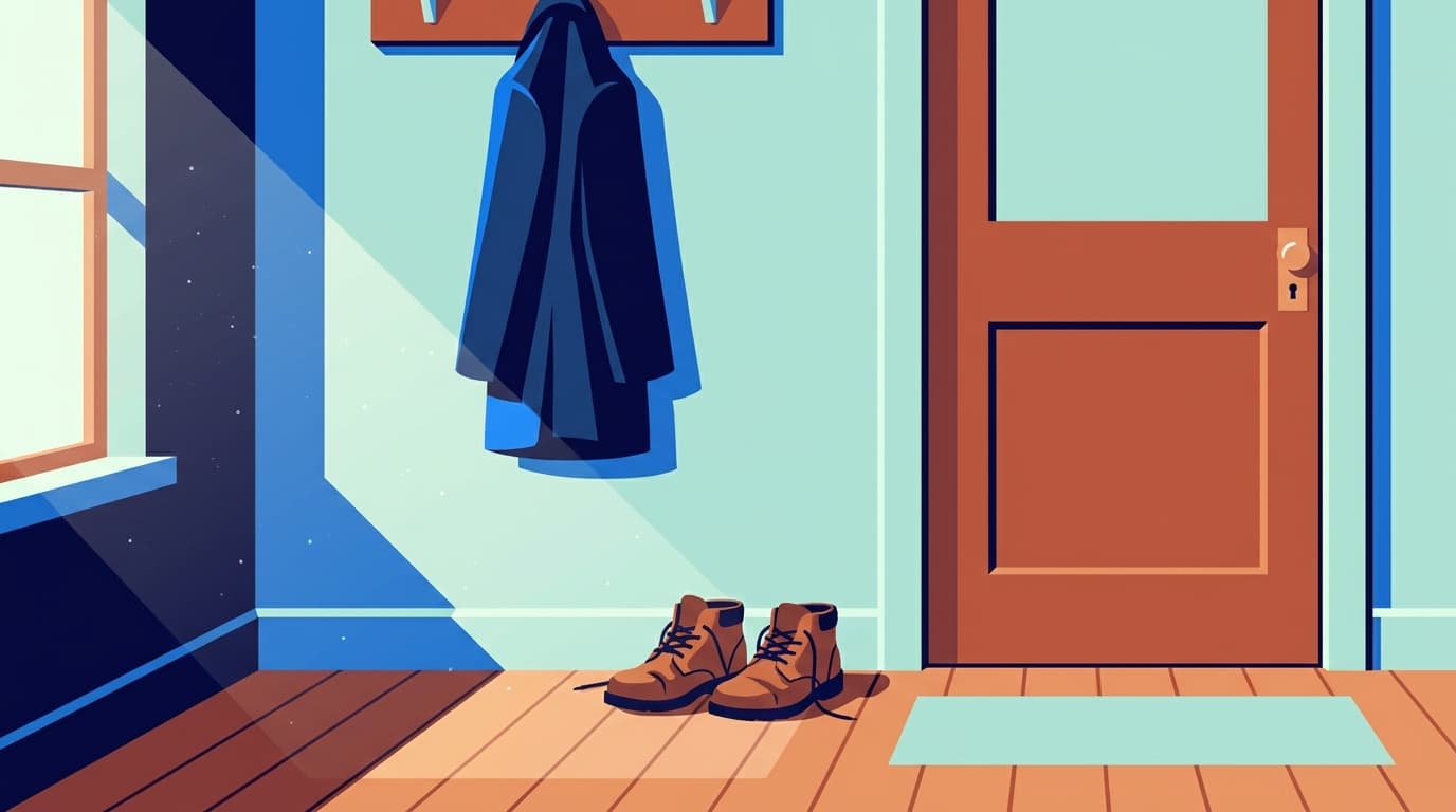 A pair of walking shoes by a back door beside a coat hook, morning light on the floor