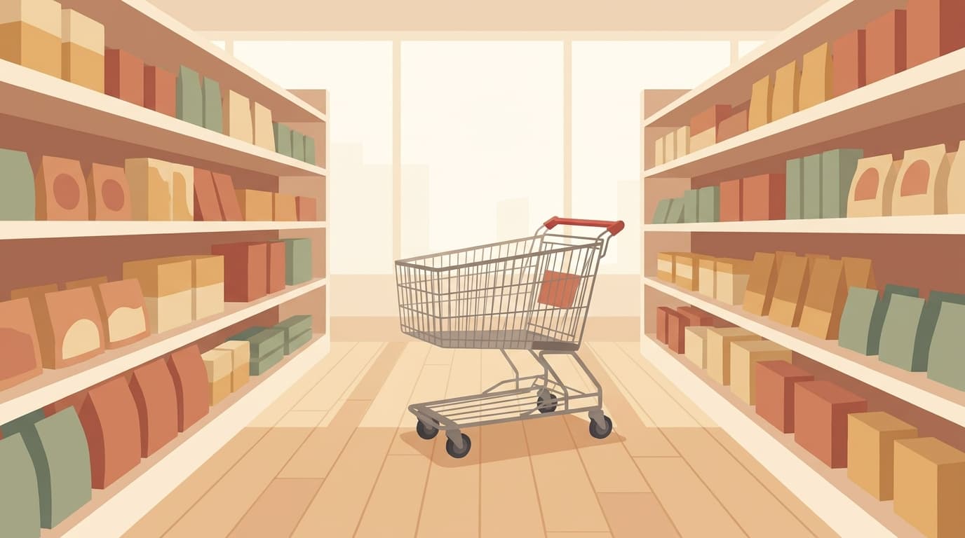 A quiet supermarket aisle seen from behind a trolley, soft daylight, nobody in frame