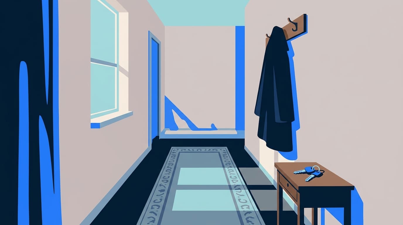A quiet hallway with a front door, a coat on a hook and a set of car keys on a side table