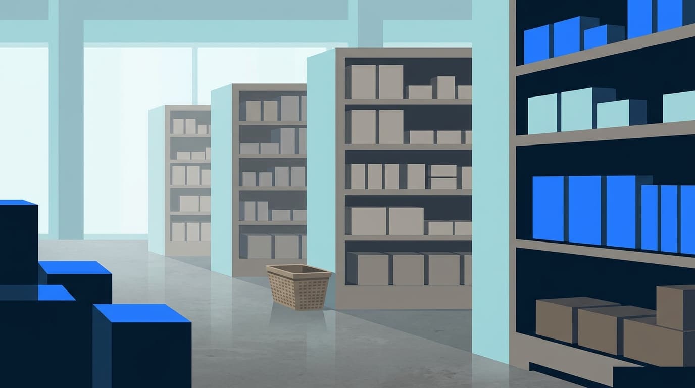 A quiet shop aisle with shelves of plain, unmarked boxes and a basket on the floor