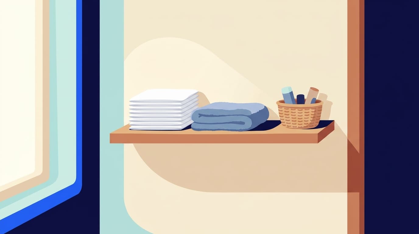 A tidy bathroom shelf with folded white packets and a neutral basket, soft morning light