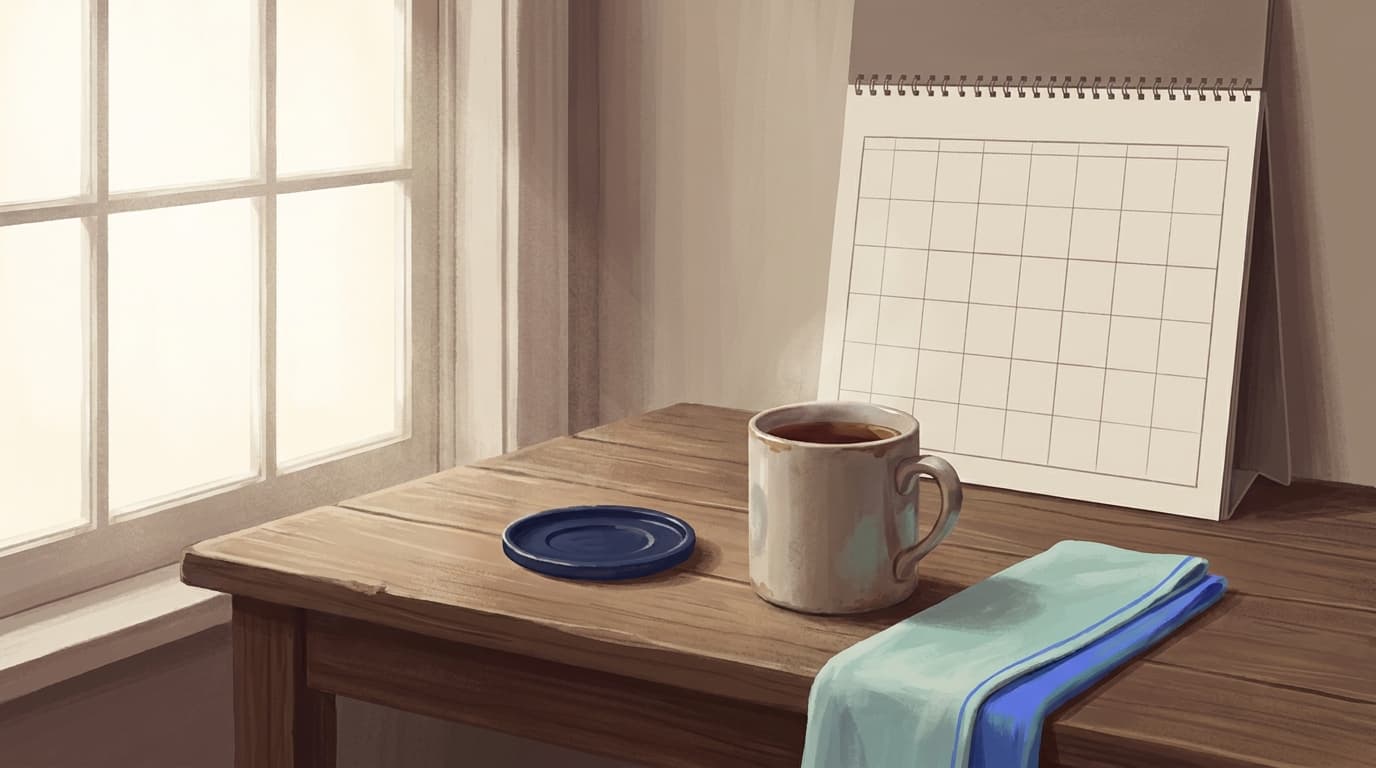 A simple calendar on a kitchen table beside a mug, morning light across the page