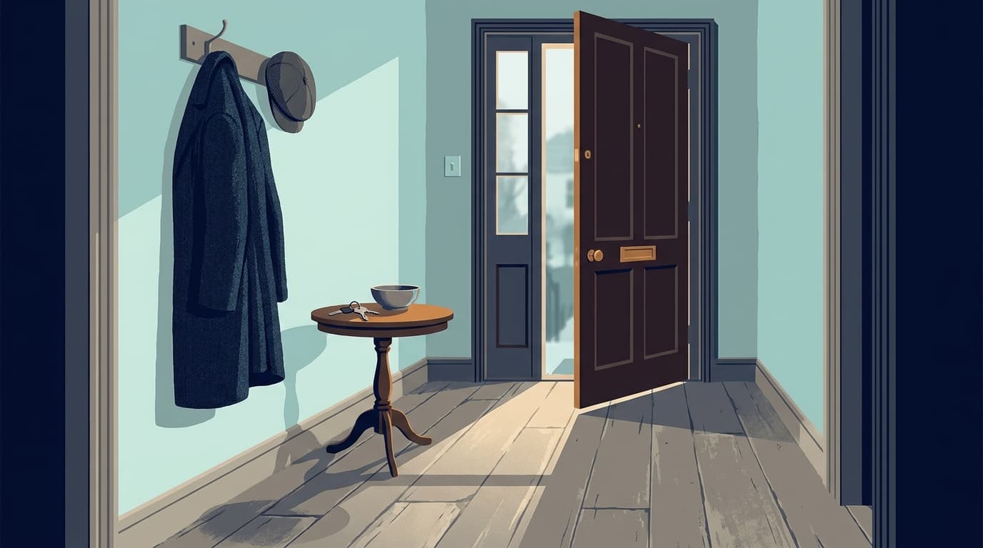 A man's coat and cap hanging by an open front door with morning light on the floor