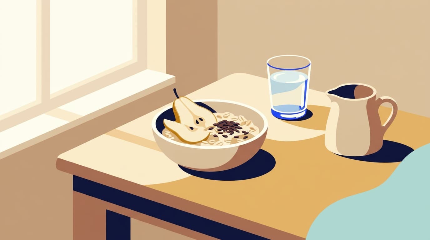 A bowl of oats with linseed and sliced pear beside a glass of water on a kitchen table