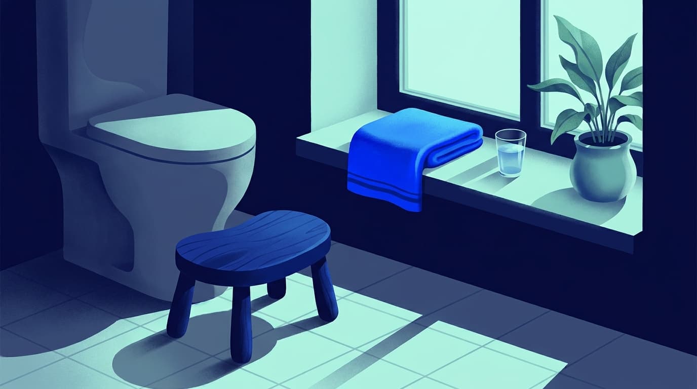 A quiet bathroom in morning light, with a small wooden footstool beside the toilet