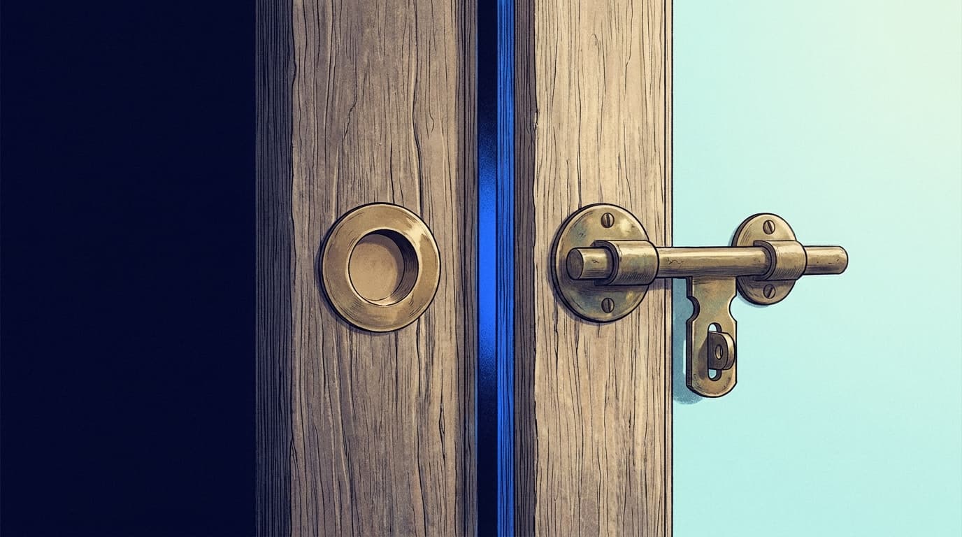 Deux verrous anciens côte à côte sur une porte en bois, l'un déposé, l'autre encore en place
