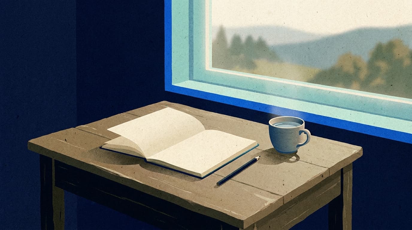 Une tasse posée près d'un carnet ouvert sur une table en bois, lumière douce