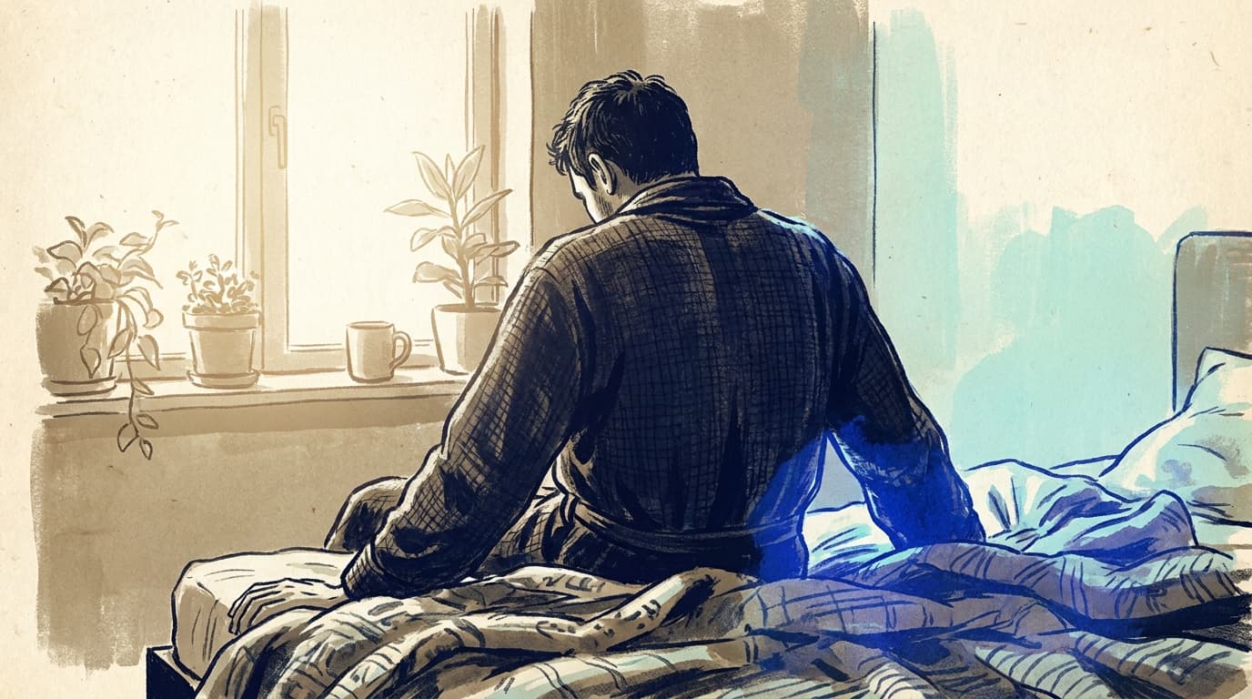 Un homme assis au bord d'un lit, dos de dos, dans la lumière calme du matin